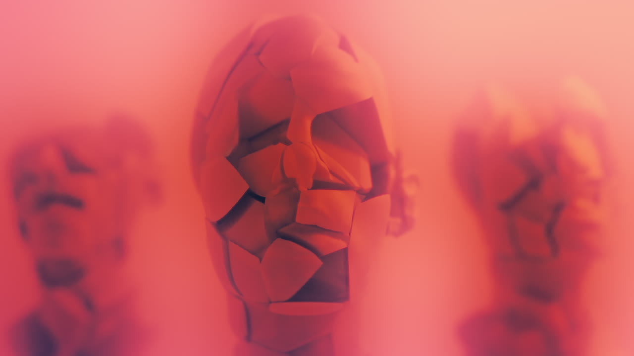 Destroyed android heads on spikes on the neon pink background