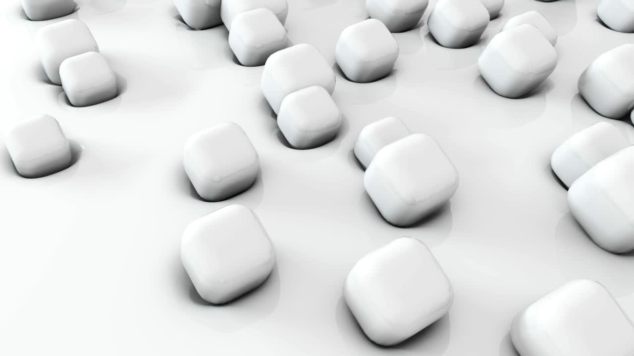 추상적인 3d 모양의  큐브가 부드러운 표면에서 날아갑니다. 4k 렌더링 애니메이션, 루핑 영상.