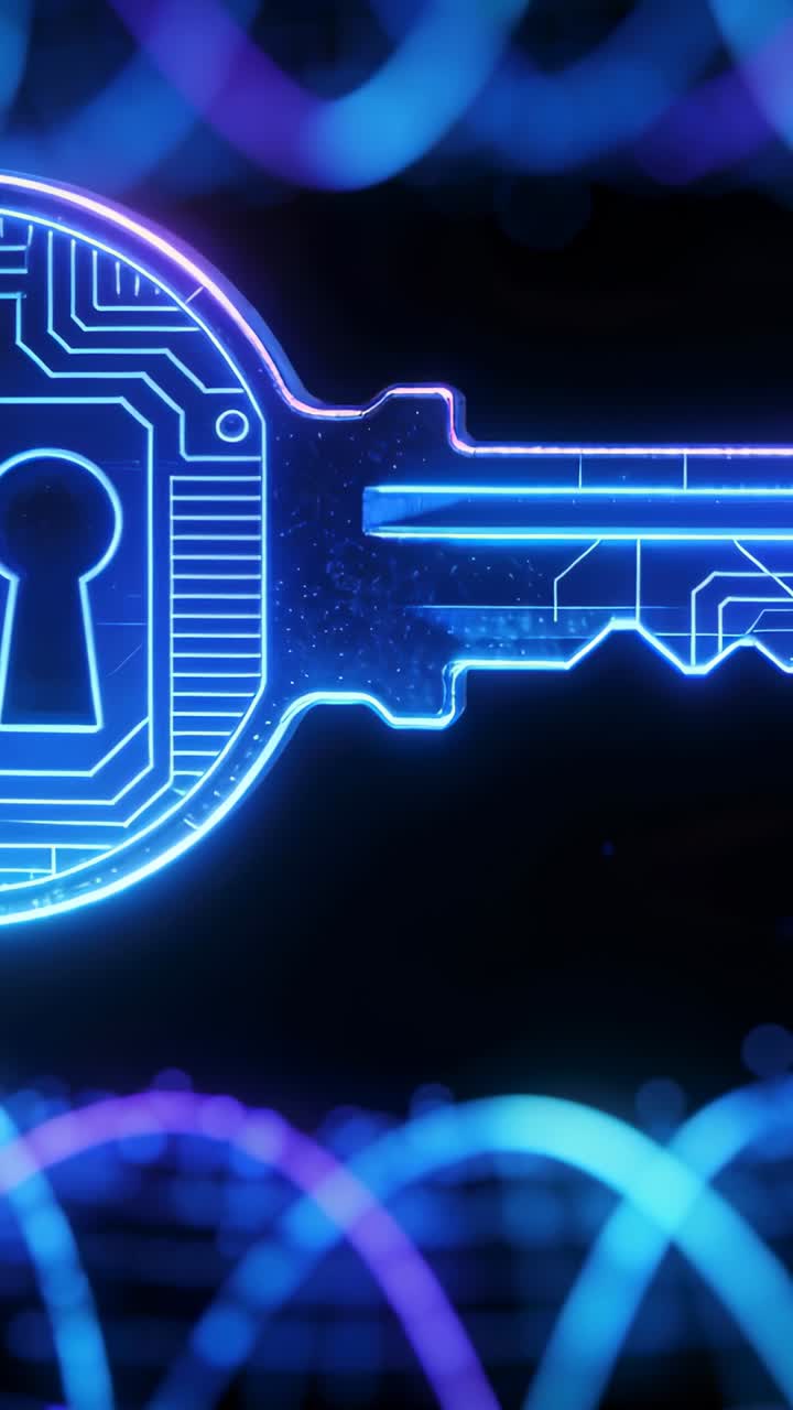 Vertical video: Looping neon key pulsing keyhole in black, with waveforms and sparkles for security