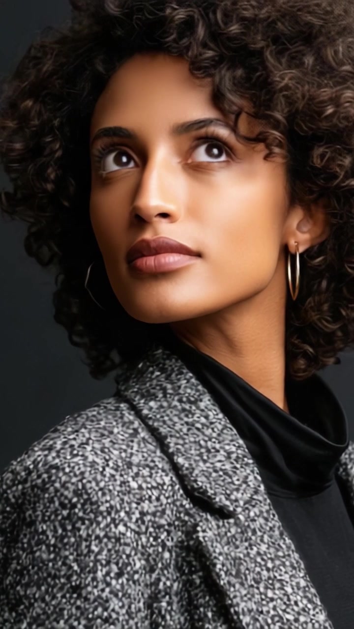 Un Ritratto Accattivante di una Giovane Donna con Capelli Ricci che Mostra Moda ed Eleganza Moderne in un Elegante Blazer Grigio e Top Nero con Trucco Discreto