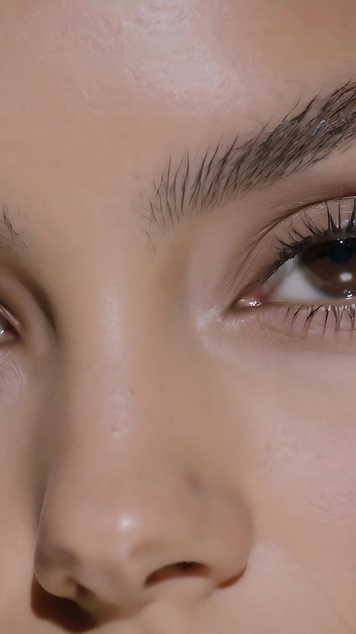 Vertical video: Responding to cue, woman shifting eyes, tilting head in studio, showing glossy lips