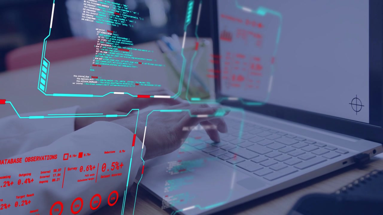 Female developer typing on white keys, activating HUD, hands shifting toward touchpad for debugging