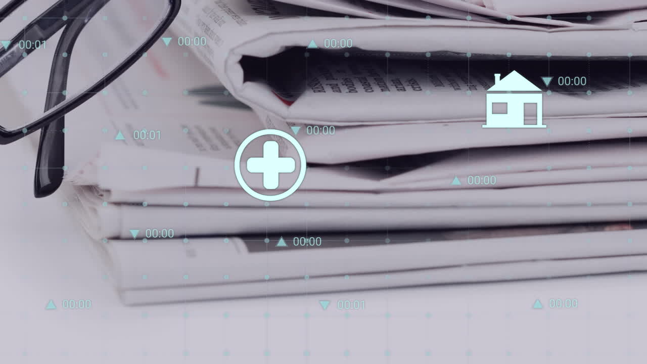 Animation of multiple symbols, changing numbers, connected dots forming grid over newspapers