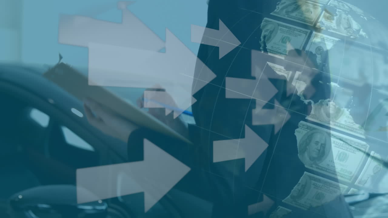 백색 화살표의 애니메이션은 미국 달러 지폐로 만들어진 오른쪽 지구를 향해 코카시안 w 위에 회전합니다.