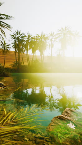 a serene oasis in the desert, with palm trees and a reflection of the sun in the water