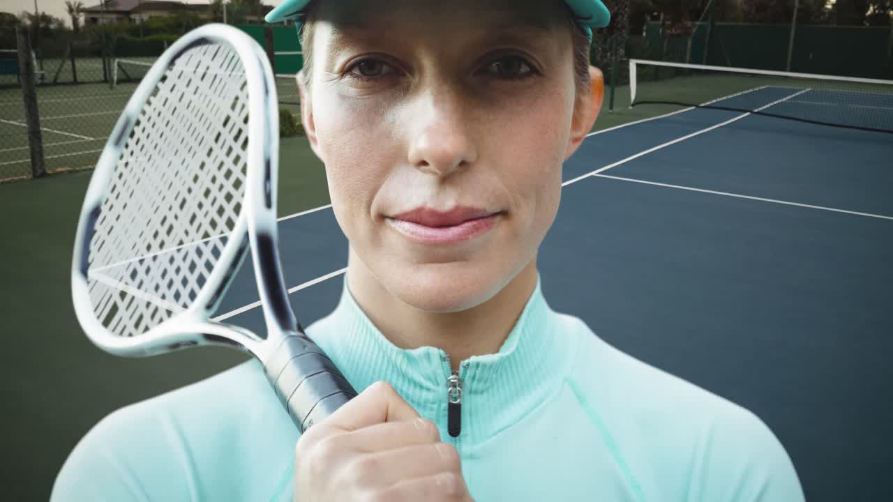 테니스 경기장 과 공 위 에 로켓 을  ⁇ 고 있는 백인 여성 테니스 선수 의 애니메이션