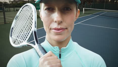 animation of caucasian female tennis player with rocket over tennis field and ball