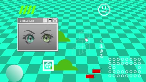 retro vaporwave poster with user interface elements and cartoon illustrations. trendy old aesthetic background. 2d animation.