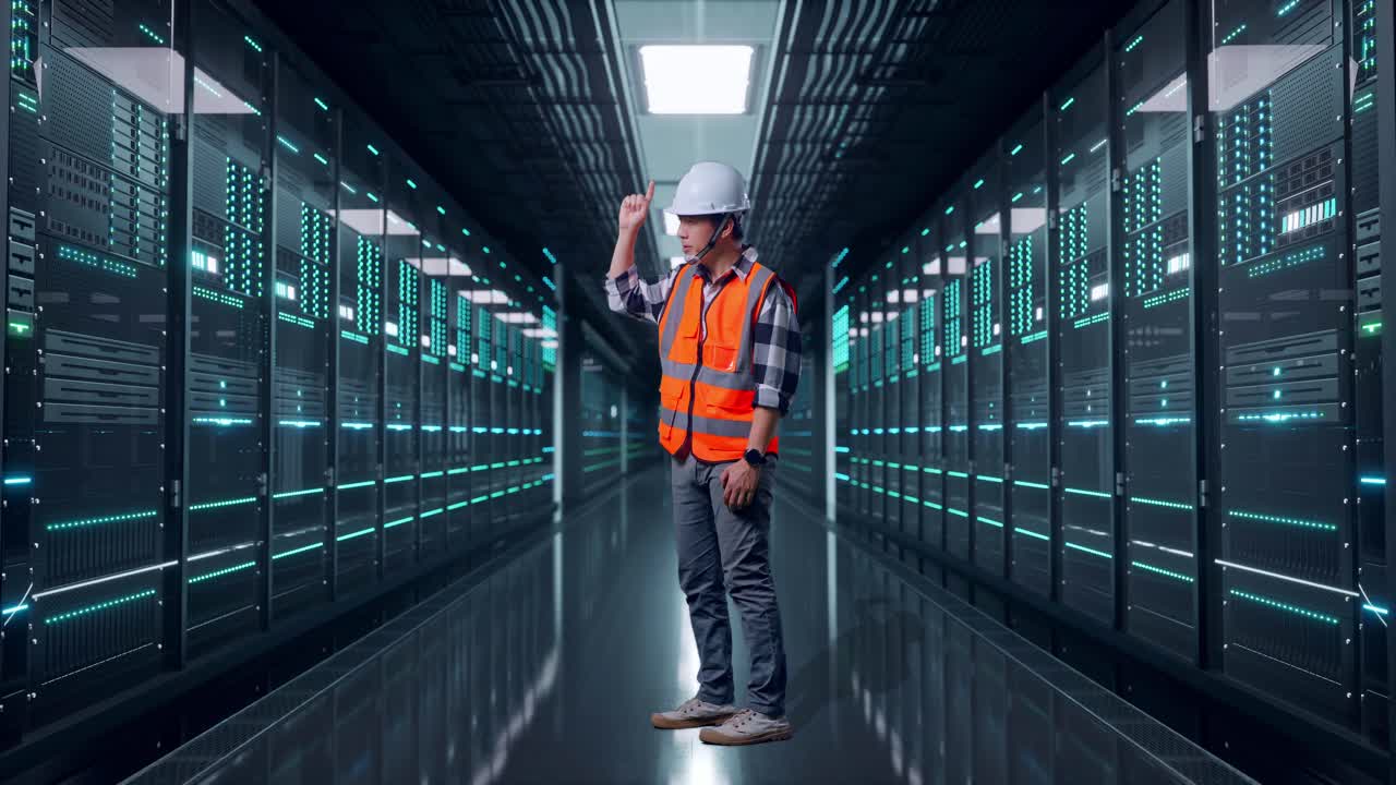 Full Body Side View Of Angry Asian Male Engineer With Safety Helmet Shouting At Someone While Standing in Server Room Data Center