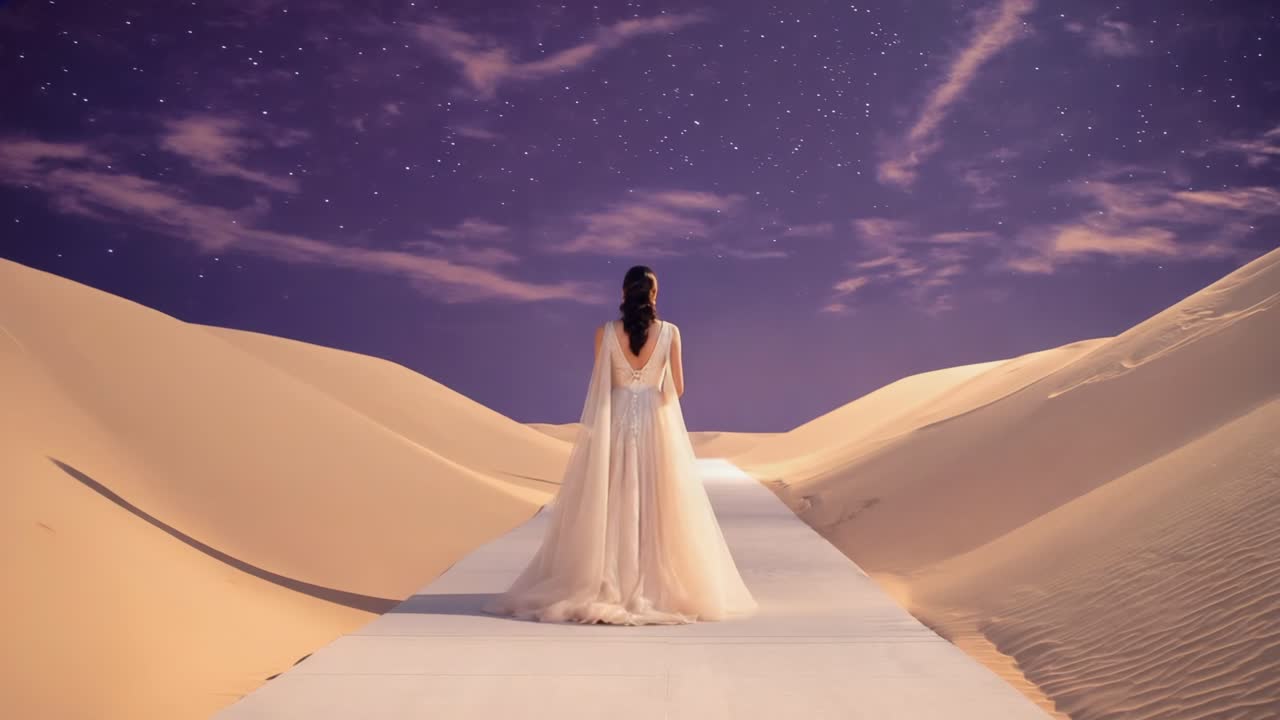 Elegant fashion model walking along white catwalk through sandy desert landscape beneath starry night sky, embodying grace and ethereal beauty of solitary journey