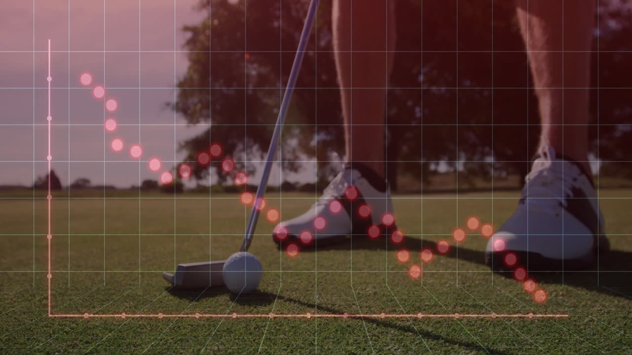 Golfer preparing putt on green, showcasing sports technology grid and red dotted graph overlay