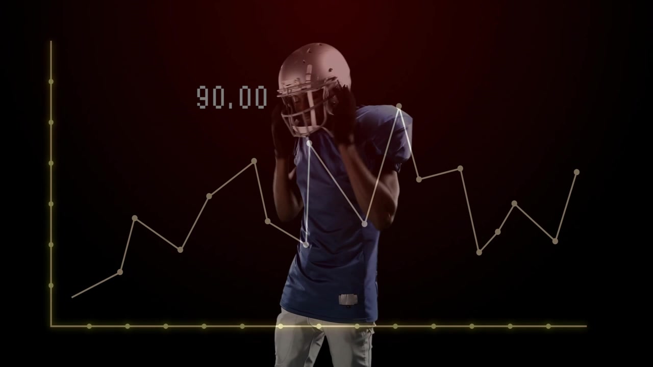 American Football Player Puts on Helmet with Digital Data Overlay