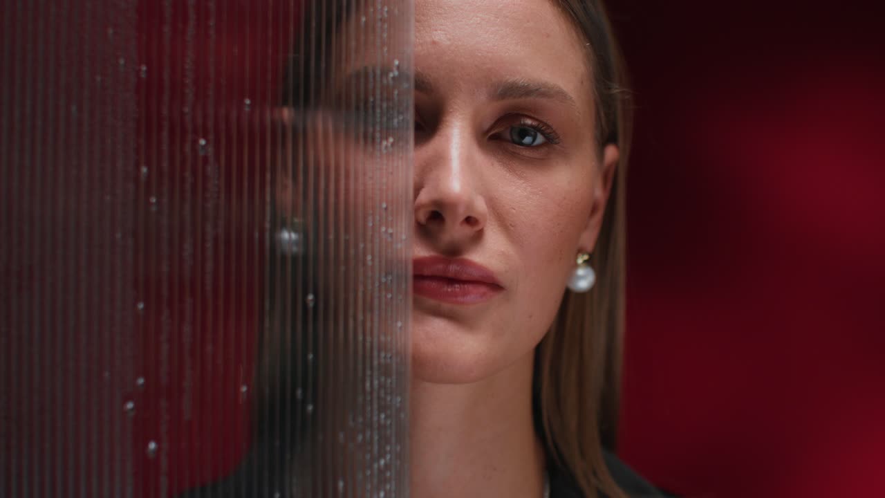 mujer detrás de un panel de vidrio húmedo