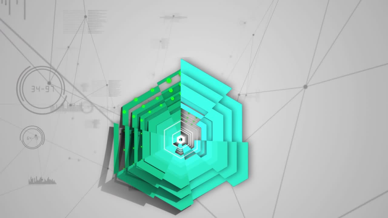 Animation of green abstract hexagonal shape spinning over network of connection and data processing
