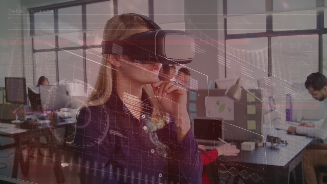 Woman using virtual reality headset with data processing animation over office scene