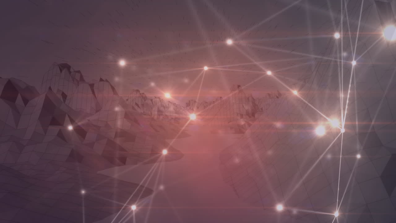 Animation of networks of connections with glowing spots over spinning mountains
