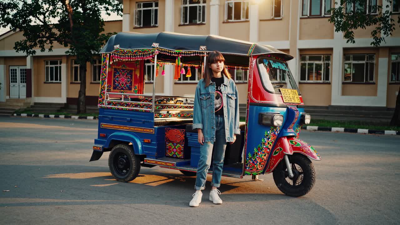Young woman stands confidently beside a vibrant auto rickshaw, showcasing intricate decorations and colorful details in a lively urban setting