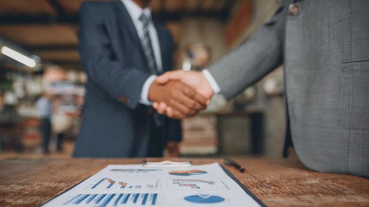 Um Acordo Comercial Formal: Dois Profissionais Fazendo um Aperto de Mãos sobre Dados Financeiros e Análise de Marketing para Parcerias de Sucesso