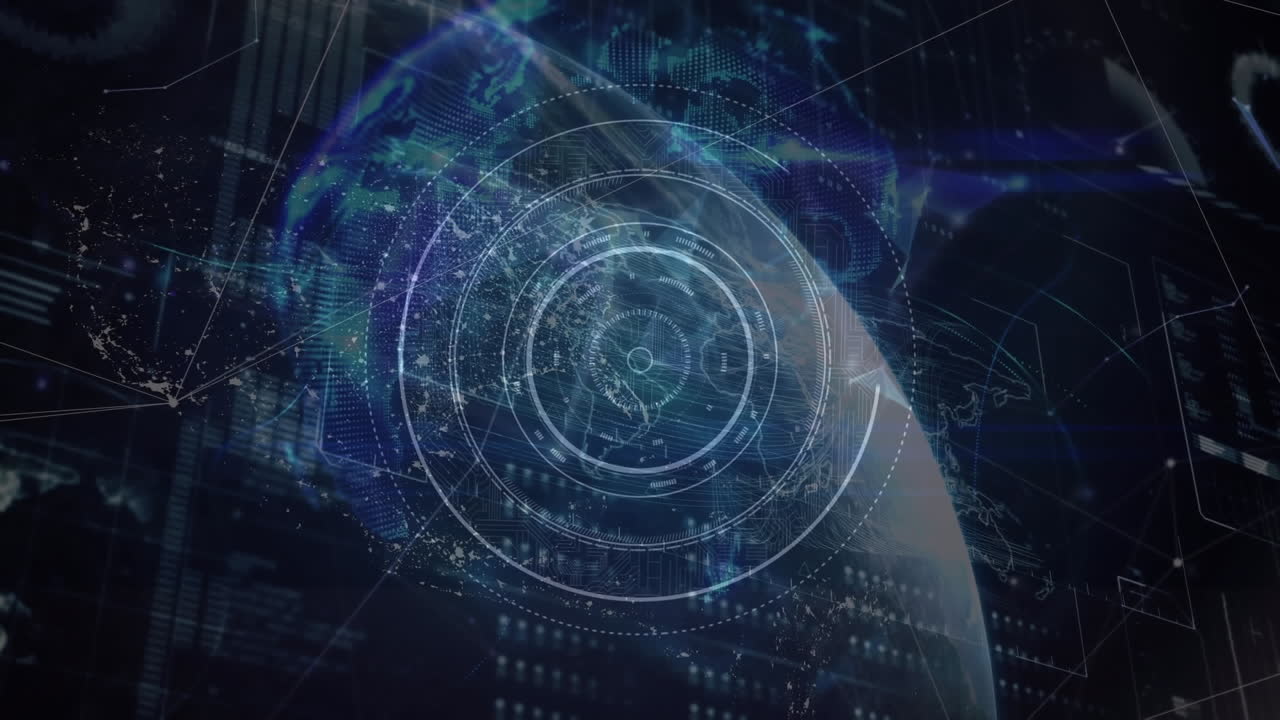 animación de escáner redondo de neón y globo de redes de plexo contra la interfaz con el procesamiento de datos.