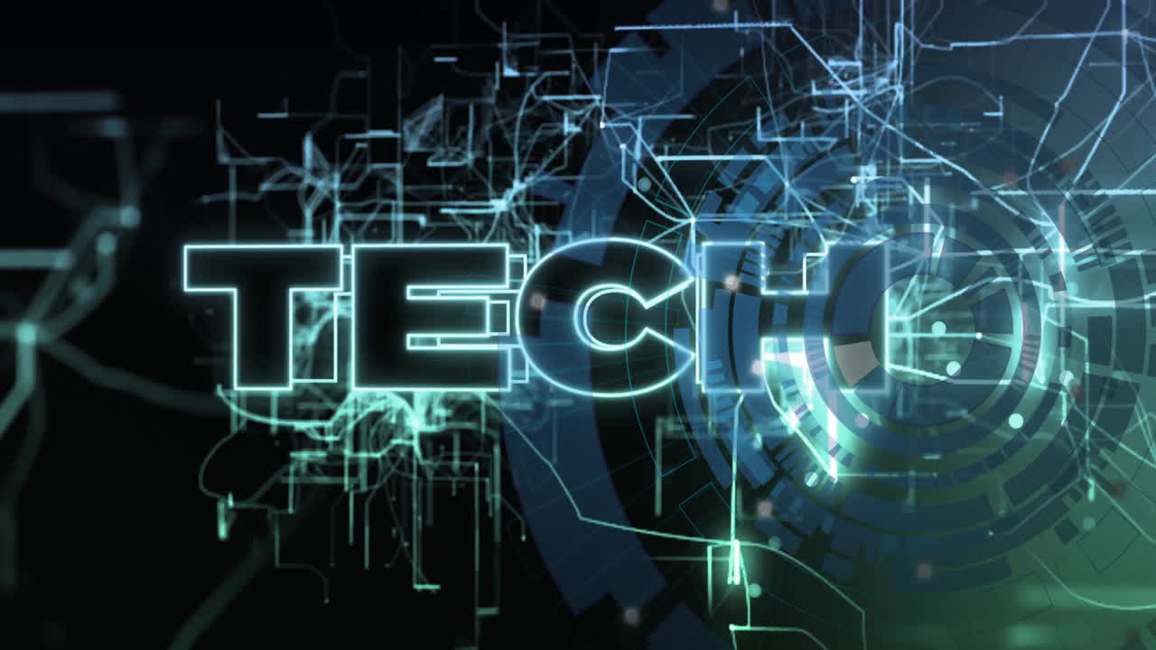 TECH text with glowing lines and circuits, futuristic digital animation