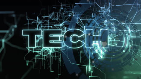 texto tecnológico con líneas y circuitos brillantes, animación digital futurista