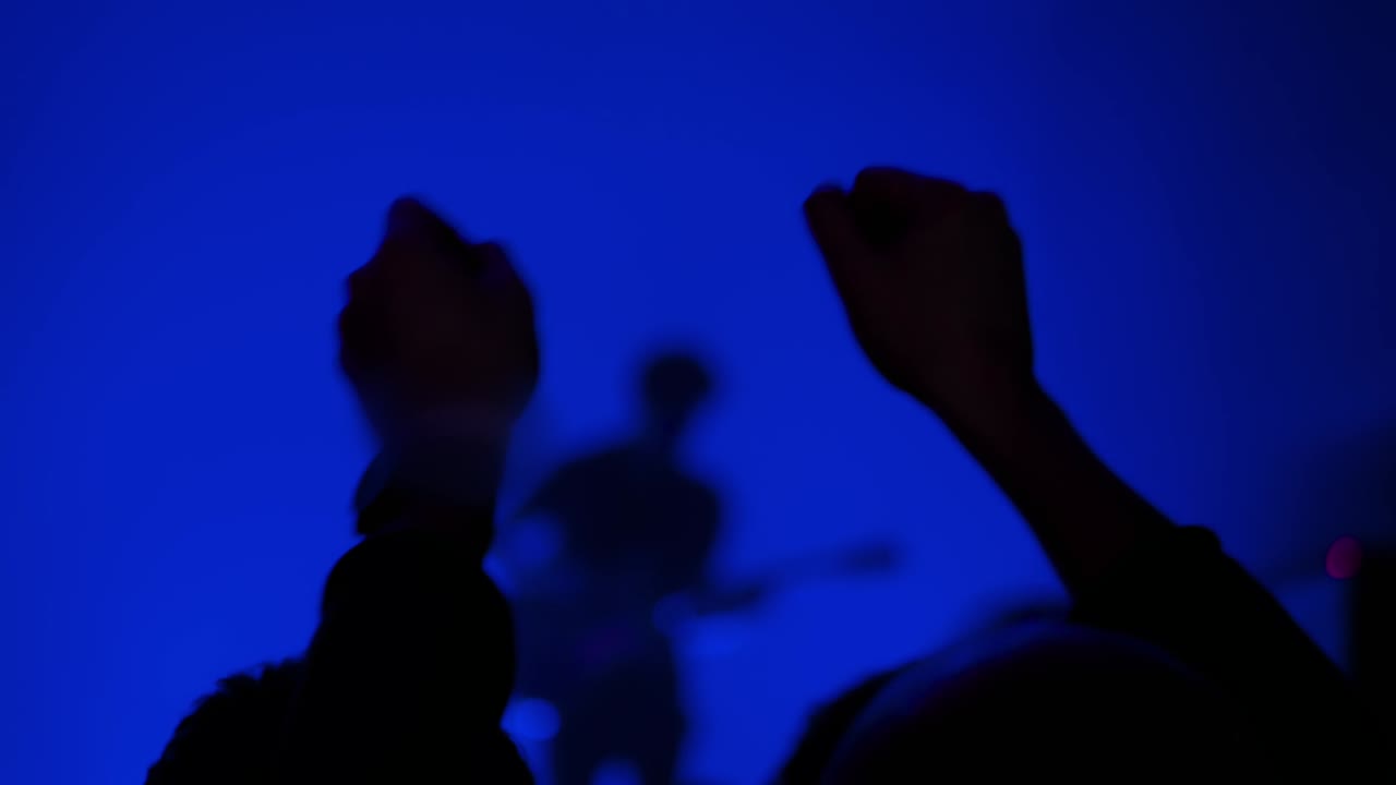 무대 앞 에 있는 록 콘서트 에서 파티 를 열고 있는 사람 들 의 무리 실루