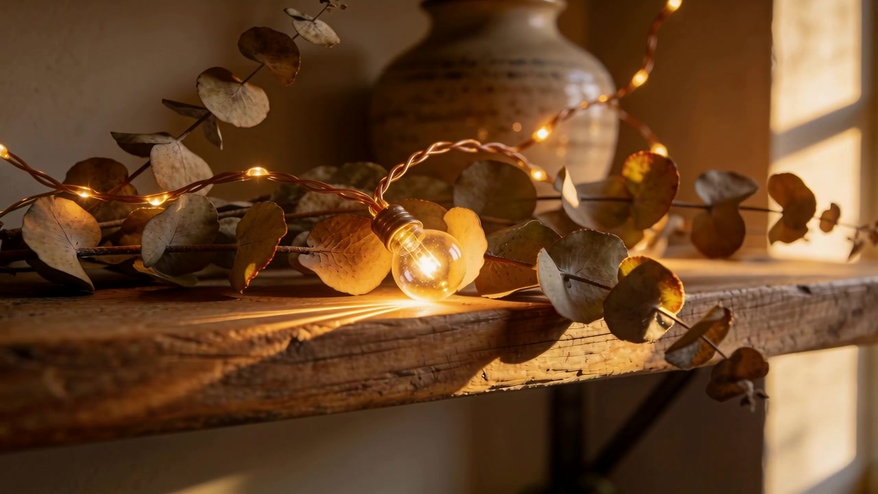Shifting camera tightening framing around bulb and eucalyptus on shelf by window revealing warmth