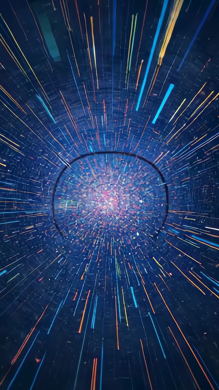 Vertical video: Animating tunnel revealing cluster shooting streaks lifting ring settling starfield