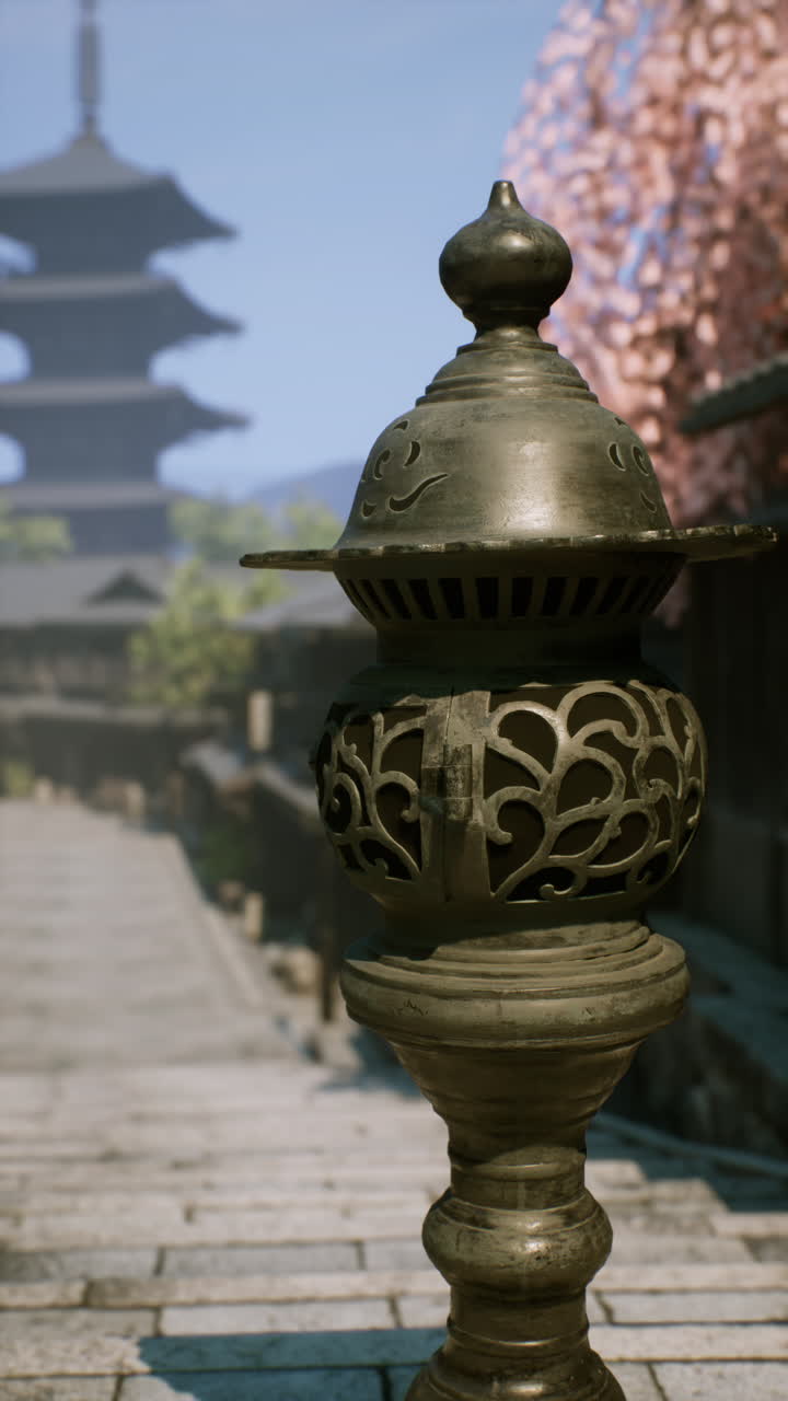 Una bellissima lanterna che indica la strada verso una serena pagoda giapponese in un giorno di primavera