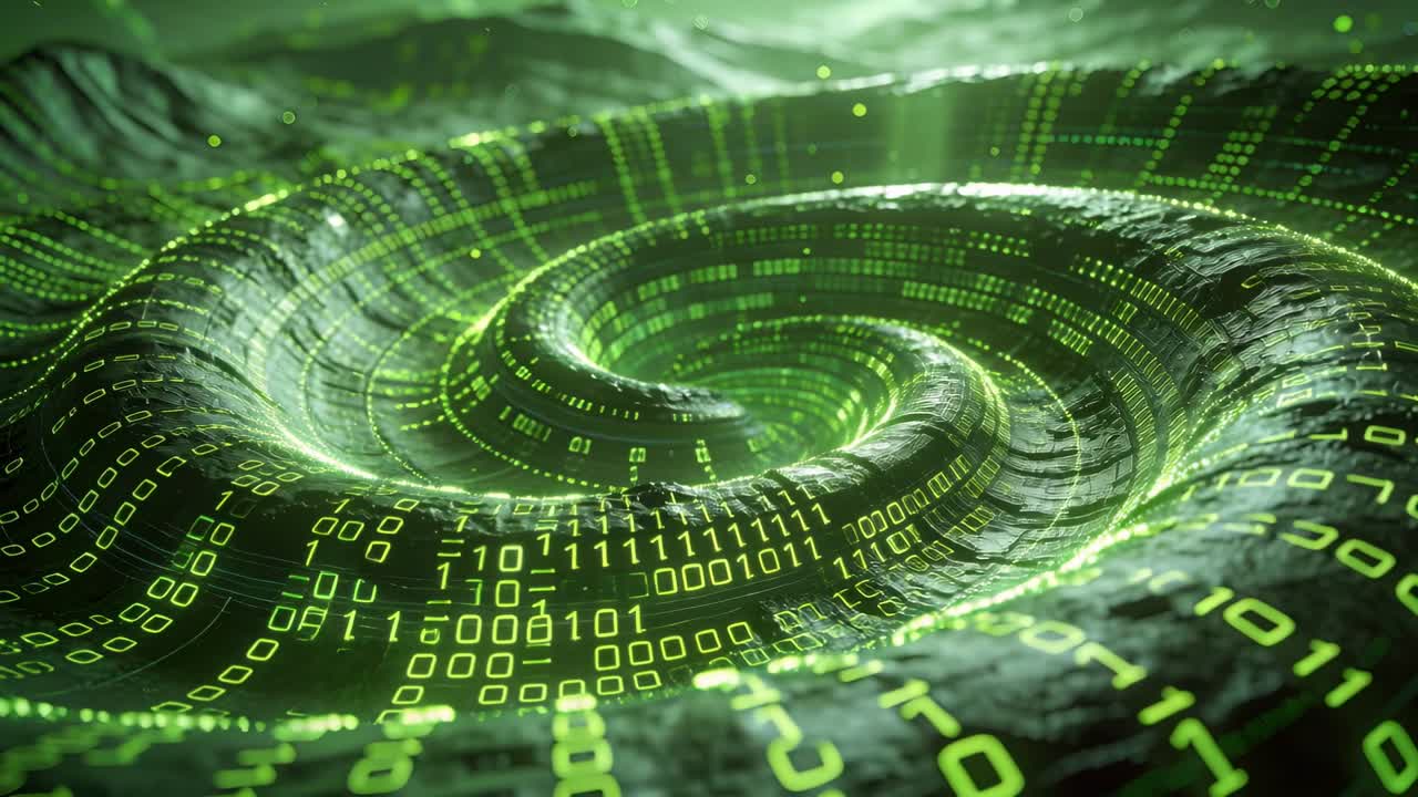 En närmande kamera avslöjar en glödande grön binär spiral på en krusad yta, som drar siffror inåt.