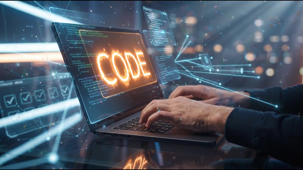 Programmer typing on futuristic laptop interface with holographic code overlays and cybersecurity dashboard