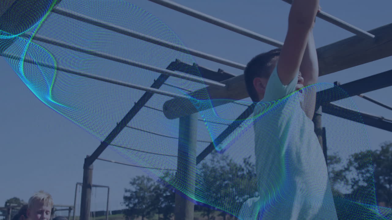 Children playing on monkey bars with digital network animation overlay