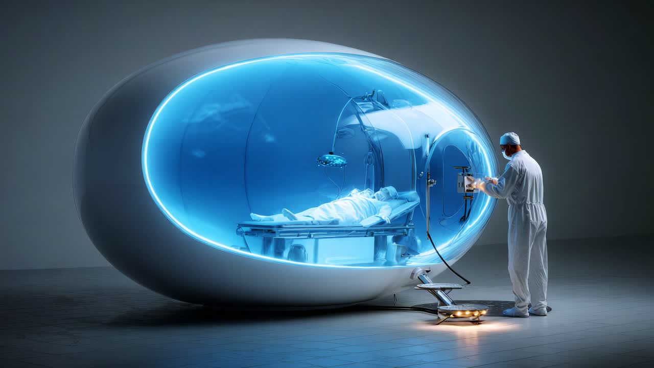 Futuristic Medical Pod with a Patient Inside: A Glimpse into Advanced Healthcare Technologies, Showcasing a Medical Professional Interacting with Life-Support Equipment