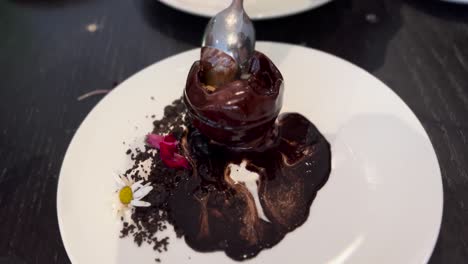elegant chocolate dessert on white plate