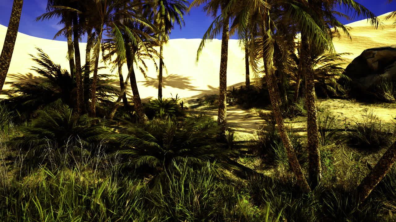 Lush greenery by golden dunes under a bright blue desert sky