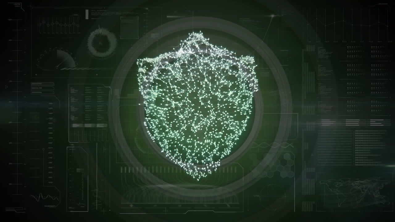 검은 바탕의 다양한 데이터에 대한 디지털 방패의 애니메이션