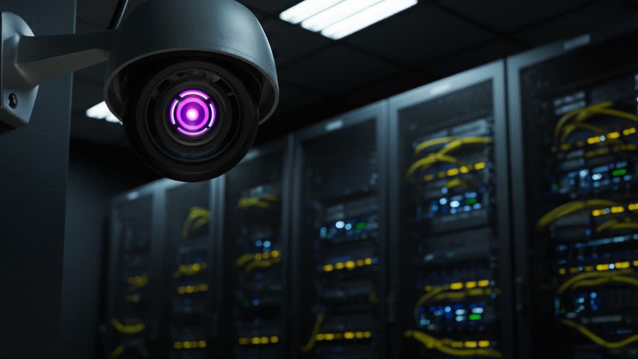 High-Definition Security Camera Monitoring Server Room with Active Network Equipment and Vibrant LED Indicators for Enhanced Surveillance and Security
