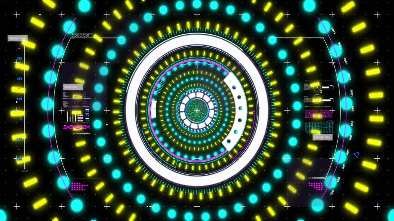 Creating futuristic design, colorful concentric circles and digital interface elements