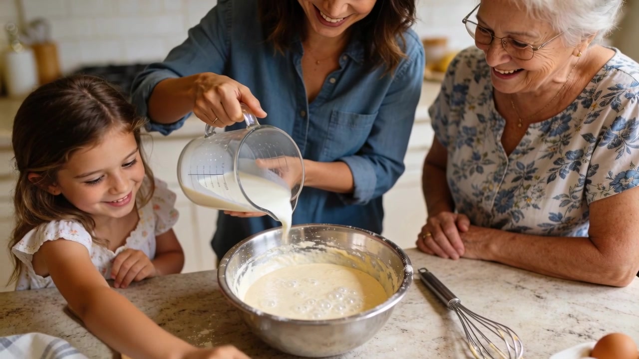 Tilting measuring jug, mother in denim pouring milk for batter at kitchen counter with mixing bowl