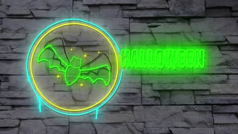 animación de neon saludos de halloween y murciélago en fondo de ladrillo