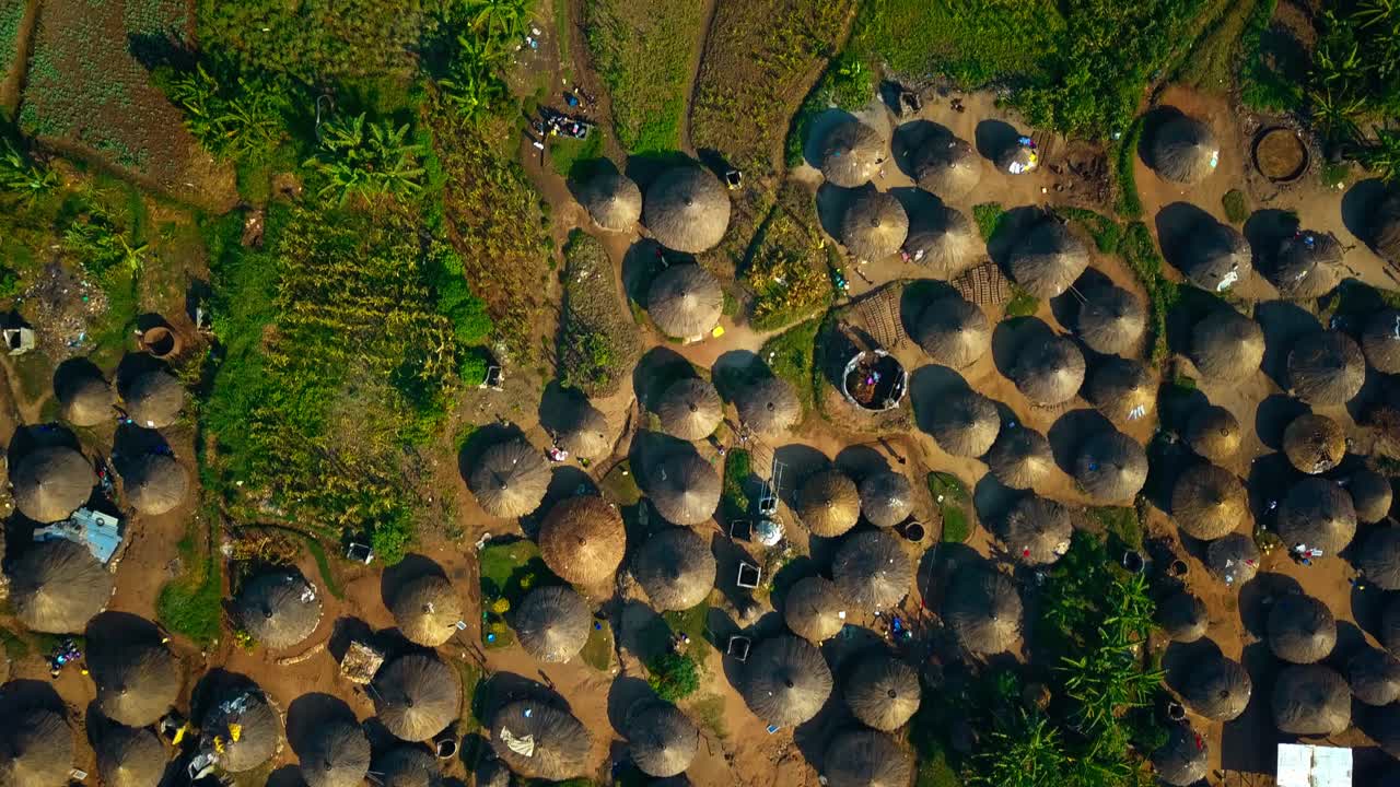 Above View Of Traditional Thatched Roof Huts Of Acholi Tribe In Uganda, East Africa. Aerial Shot