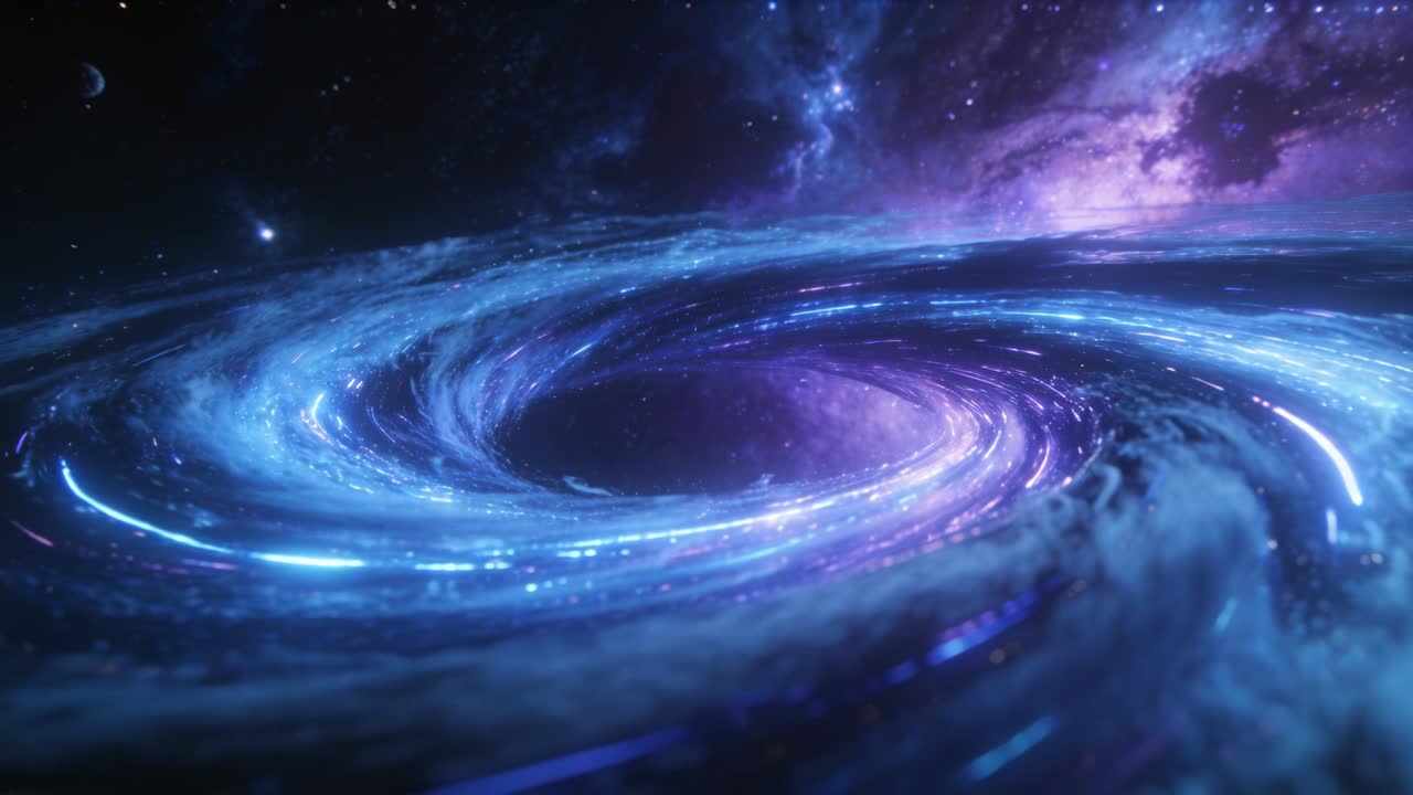 Bright vortex spiraling inner void gravity drawing streaks inward while camera zooming for science