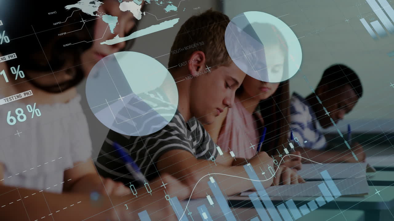 animación del procesamiento de datos financieros en diversos estudiantes masculinos y femeninos