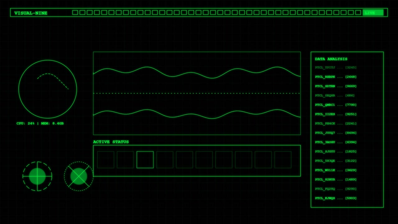 Futuristic Digital Data Analysis Interface with Green Waveform Graphs