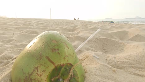 coco vacío solitario con una pajita de plástico transparente que sobresale en la playa