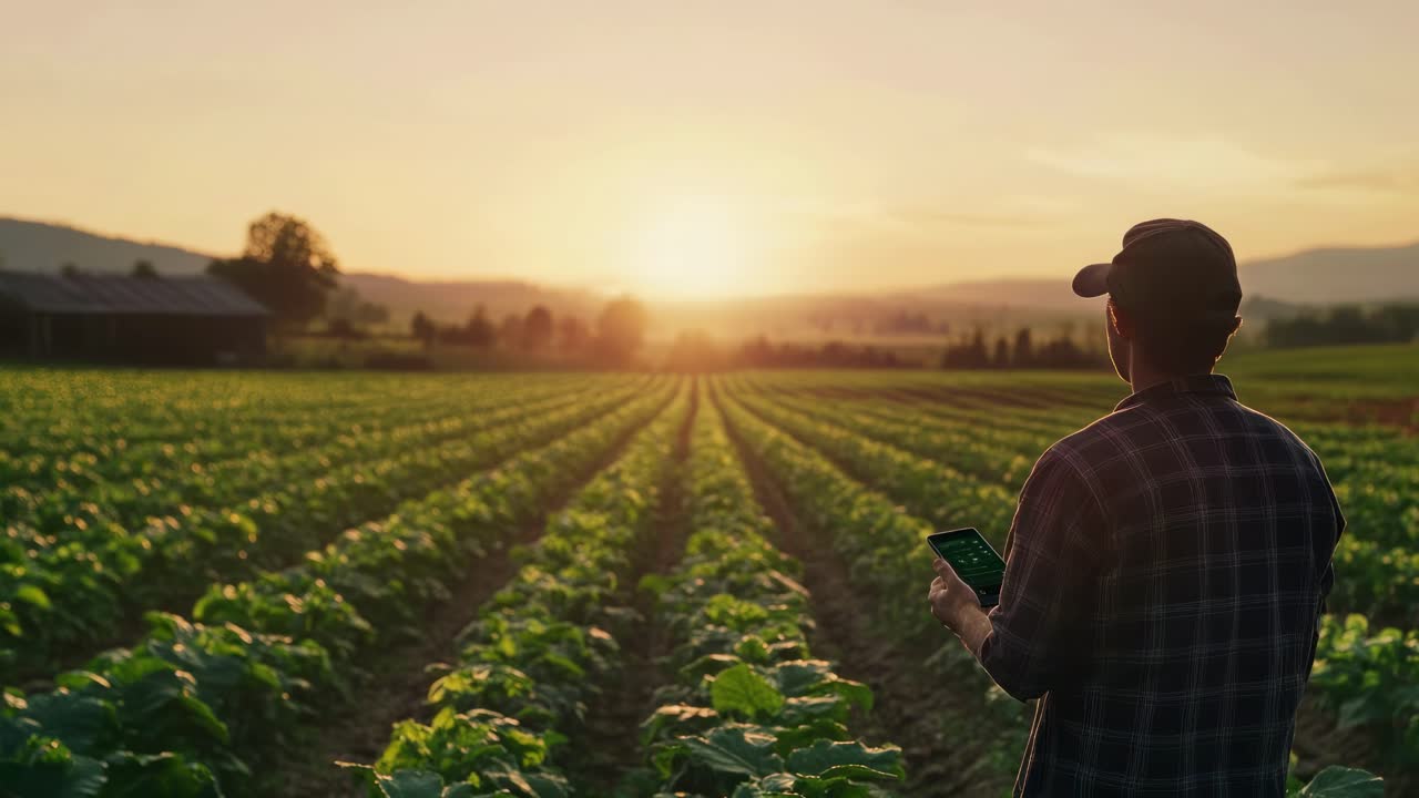 Un granjero con gorra y camisa de cuadros sujeta una tablet mientras supervisa un campo exuberante al atardecer.