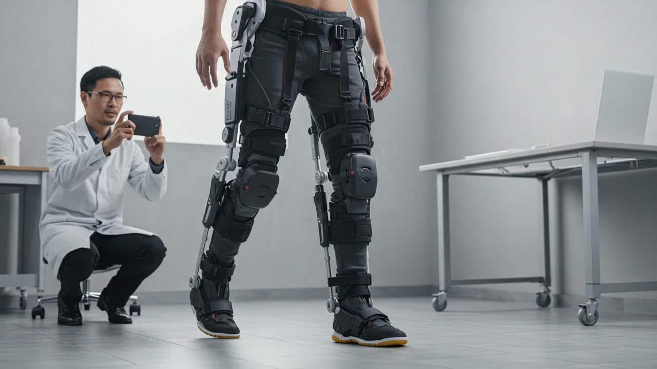 Innovative Exoskeleton Technology in Action: A Medical Professional Observes and Records Patient's Rehabilitation Progress with Advanced Assistive Device