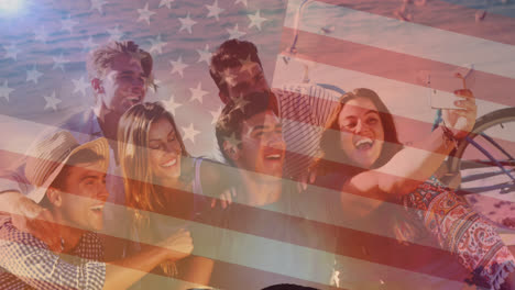 animation of flag of united states of america over friends having fun