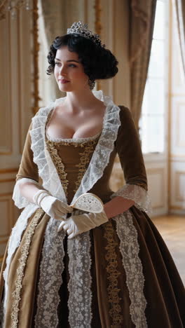 elegant woman in historical rococo dress with fan and gloves