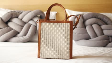 brown leather woven handbag